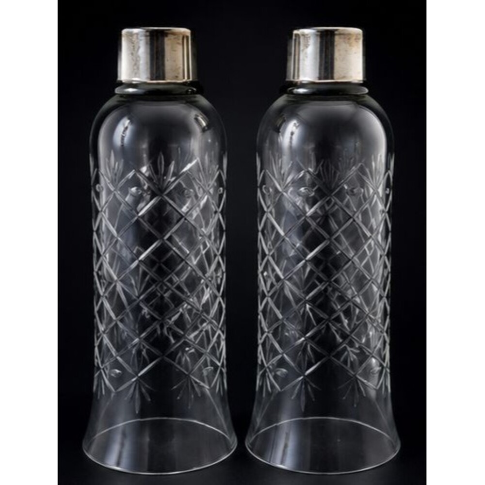 Pair Vintage Etched Crystal Hurricane Lamp Shades Silver Fitter Replacement